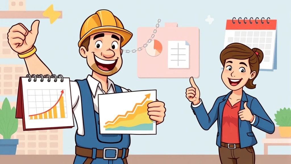 Cartoon contractor celebrating financial success with growth chart, calendar showing flexible schedule, and satisfied clients giving thumbs up, bright optimistic colors