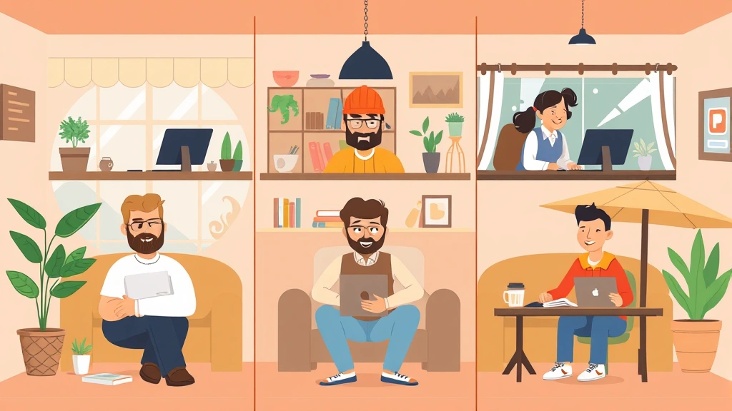 Cartoon illustration of a diverse group of contractors collaborating virtually on video calls from different locations - home office, coffee shop, and outdoor workspace - showing the flexibility of 1099 work