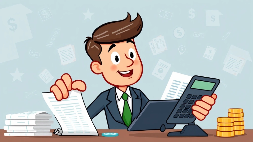 Cartoon business person calculating taxes and finances with calculator, spreadsheets, and money symbols, representing financial responsibility and planning