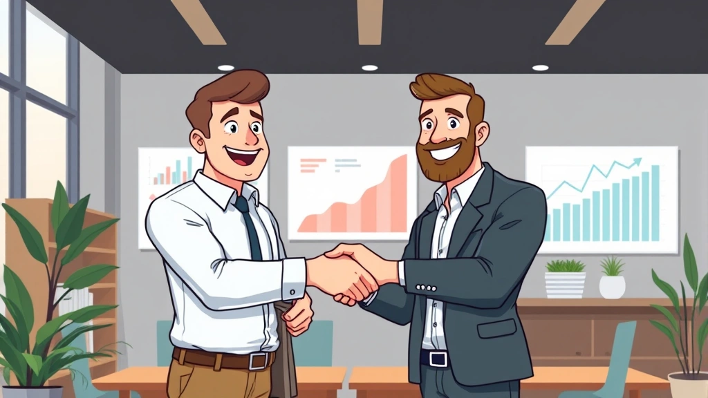 Tax professional and contractor shaking hands in modern office, charts and graphs on wall showing financial growth, both smiling, professional cartoon style