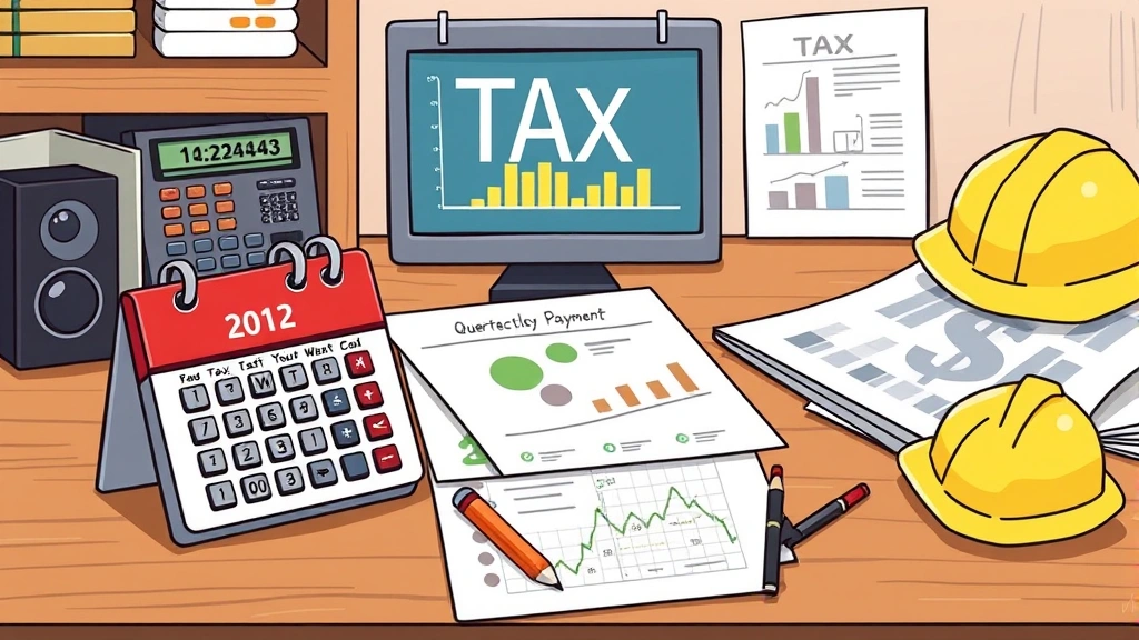 Tax calendar with calculator and financial documents, contractor counting money and planning quarterly payments, organized desk with charts and planning materials, professional cartoon illustration