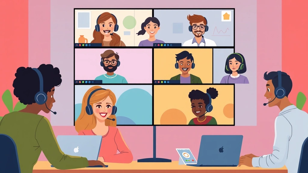 Cartoon diverse group of freelancers collaborating virtually through video call screens, showing remote work setup with headsets and colorful workspace backgrounds