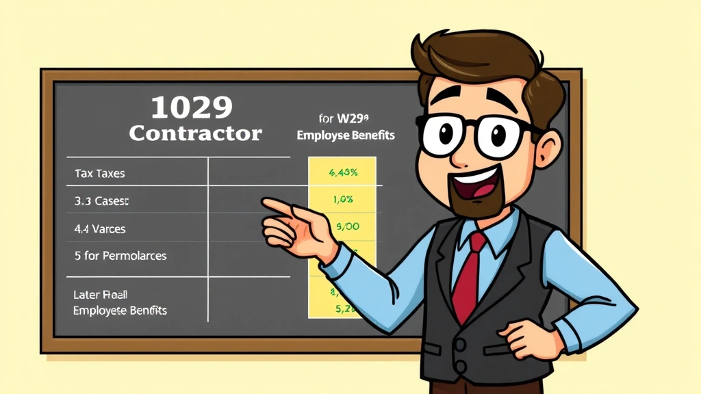 Cartoon accountant or tax expert pointing to a chart comparing 1099 contractor taxes versus W-2 employee benefits, with clear visual differences highlighted
