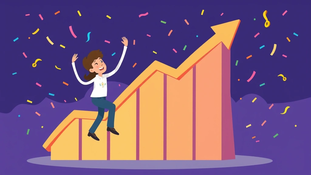 Freelancer celebrating growth milestone with upward trending graph, increasing income visualization, celebration confetti, cartoon professional style