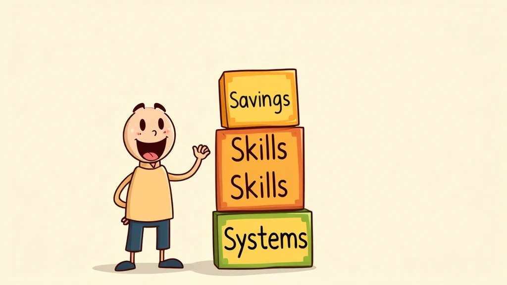 Cartoon character building blocks labeled 'savings,' 'clients,' 'skills,' and 'systems' stacking upward like a tower, representing sustainable freelance business development and growth