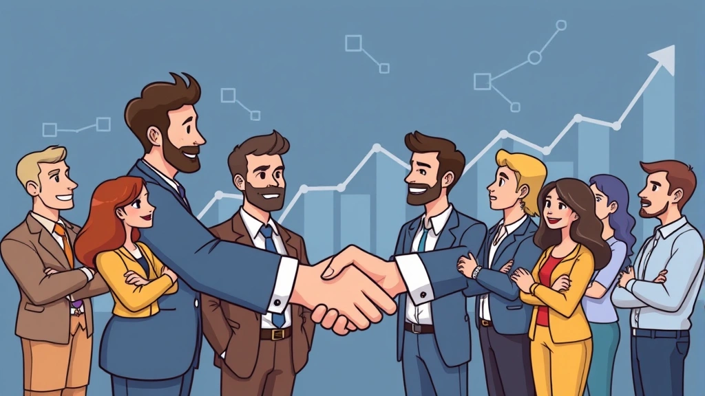 Cartoon professional shaking hands with multiple clients across different industries, diverse group of people, networking connection lines between them, growth chart in background