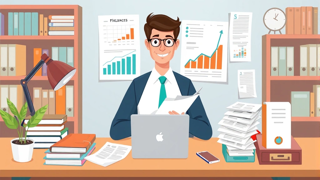 Cartoon illustration of a freelancer managing finances, calendar, and contracts simultaneously with organized workspace, charts showing income growth, organized filing system, professional and accomplished feeling