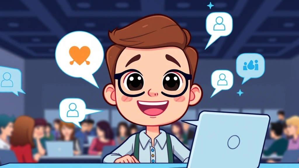 Cheerful cartoon character networking at a virtual conference with speech bubbles, LinkedIn profile, and glowing connection icons around them