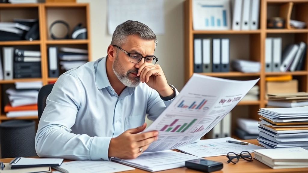 Male contractor reviewing financial spreadsheet and tax documents, organized desk with files and business materials, thoughtful professional appearance