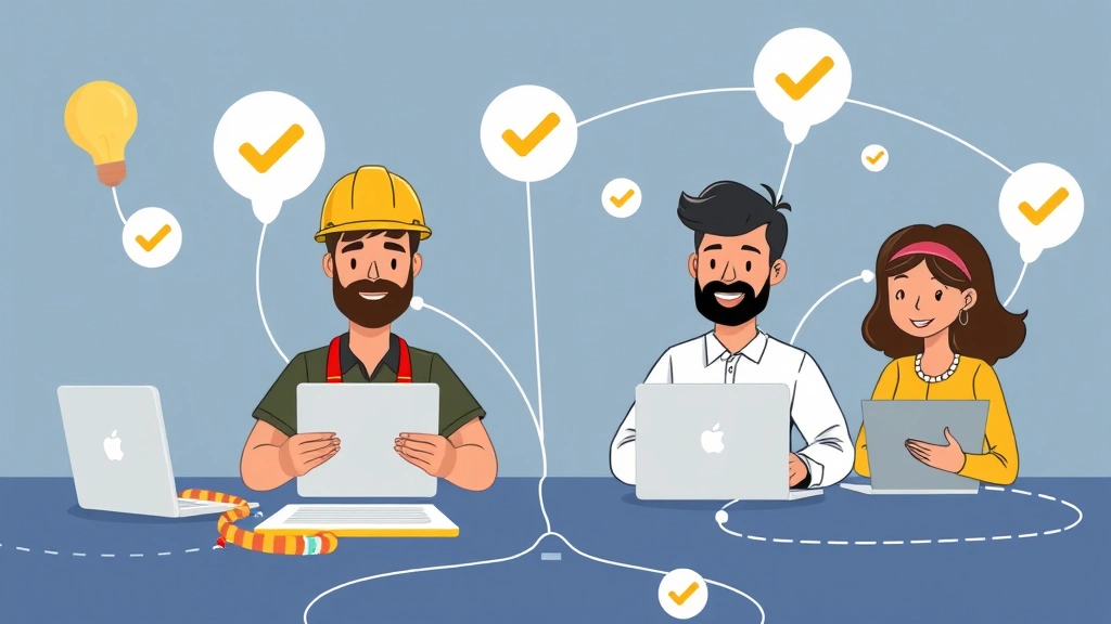 Cartoon diverse contractor team members working remotely on different devices, connected by network lines, success checkmarks visible, collaborative and independent spirit