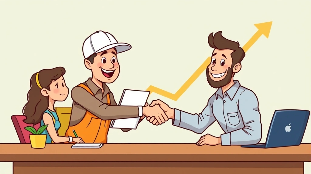 Cartoon contractor confidently presenting portfolio to smiling client across table, handshake, growth arrow in background, diverse characters, warm illustration