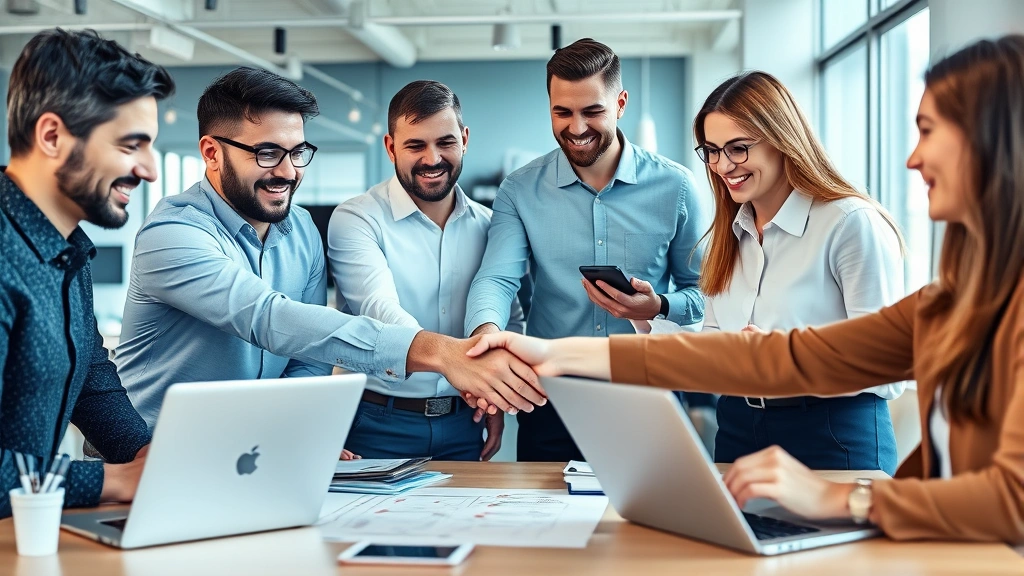 Diverse group of independent contractors collaborating on project, laptops and mobile devices, building network connections, handshake and agreement symbols, modern collaborative workspace, professional attire