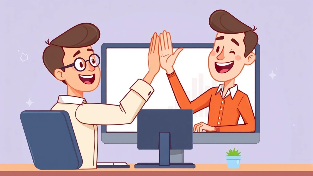 Cartoon illustration of a freelancer high-fiving a happy client across a computer screen, representing successful contract completion and client satisfaction, professional and celebratory mood