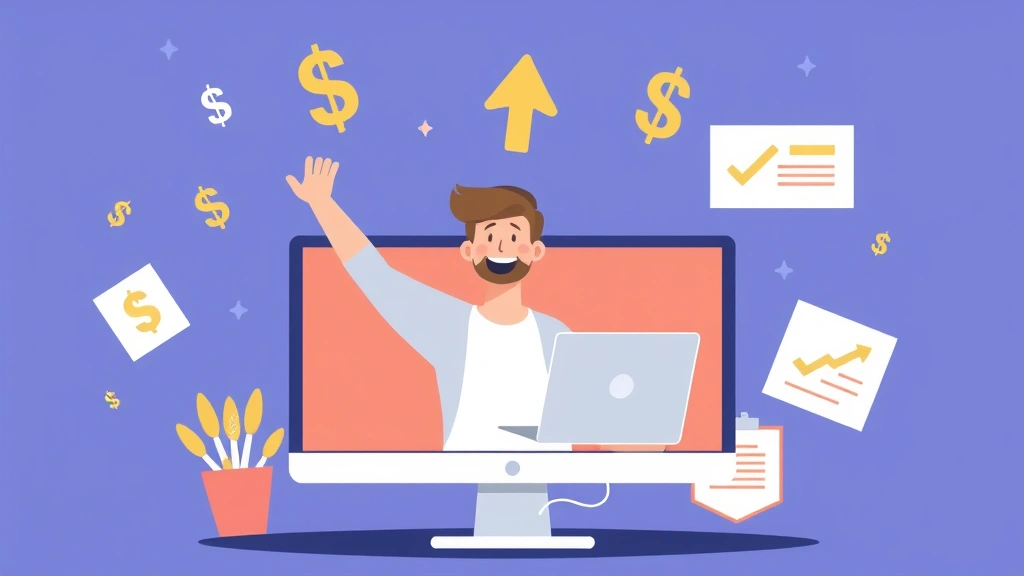 Cheerful illustration of freelancer celebrating milestone on computer screen with upward arrow, dollar signs, and completed project checkmarks floating around