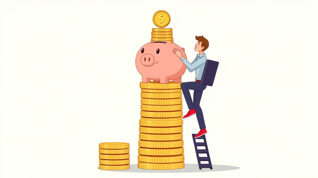 Cartoon freelancer building a piggy bank tower with stacked coins, representing financial stability, savings, and security planning