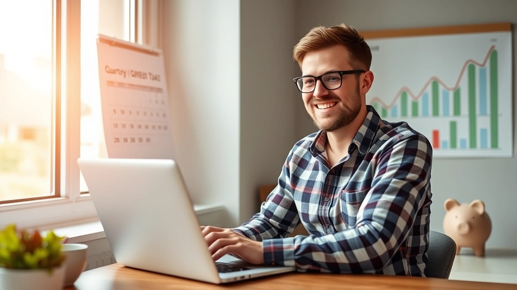 Happy independent contractor working on laptop by window, calendar showing quarterly tax dates, piggy bank and growth chart visible in background, peaceful productive atmosphere
