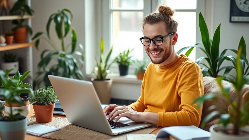 Cheerful independent contractor working from cozy home office with plants and natural light, laptop showing calendar with diverse client meetings and project deadlines