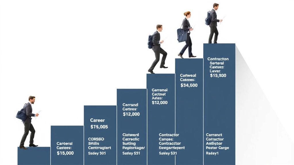 Career growth ladder with professional figures climbing upward, each level labeled with increasing rates and specializations, showing contractor income progression and skill development