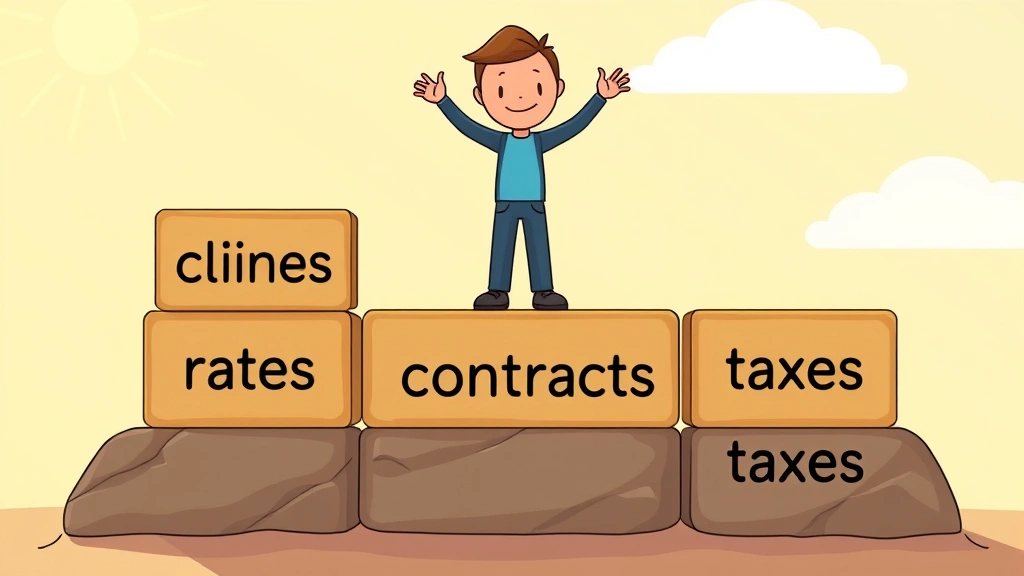 Cartoon figure building business foundation with blocks labeled 'clients,' 'rates,' 'contracts,' and 'taxes,' sunny background, constructive and positive energy