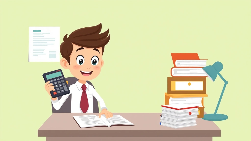 Cartoon character organizing finances with calculator, tax documents, and filing systems, professional but approachable style, organized desk setup