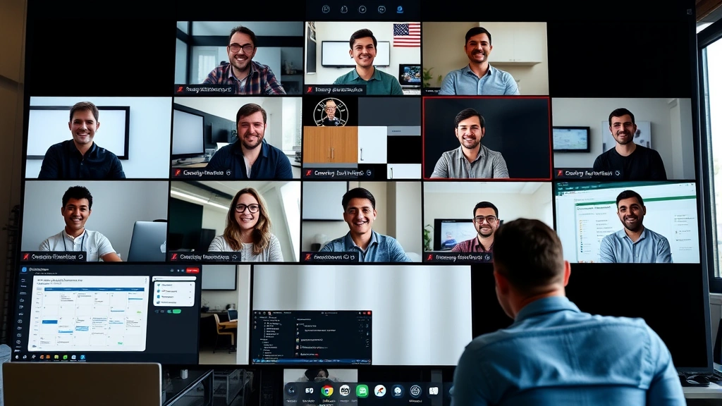 Diverse group of 1099 contractors collaborating virtually on video call, showing remote work teamwork, with calendar and project management tools visible on screens