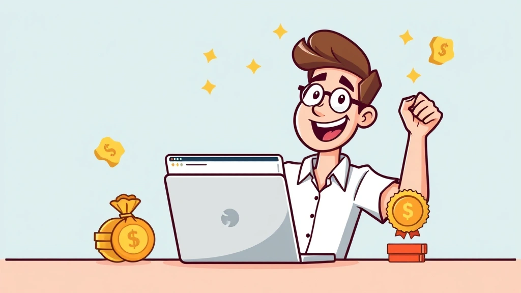 Successful freelancer celebrating with laptop showing income growth chart, cartoon style, happy expression, money symbols and achievement badges