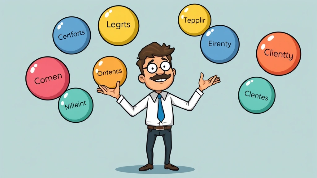 Cartoon illustration of a contractor juggling multiple colored balls labeled with different client names, representing portfolio diversification and client management