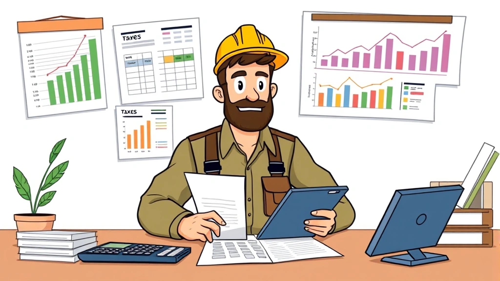 Cartoon illustration of a contractor calculating taxes and managing finances with spreadsheets, charts, and a calculator, representing business management and financial planning