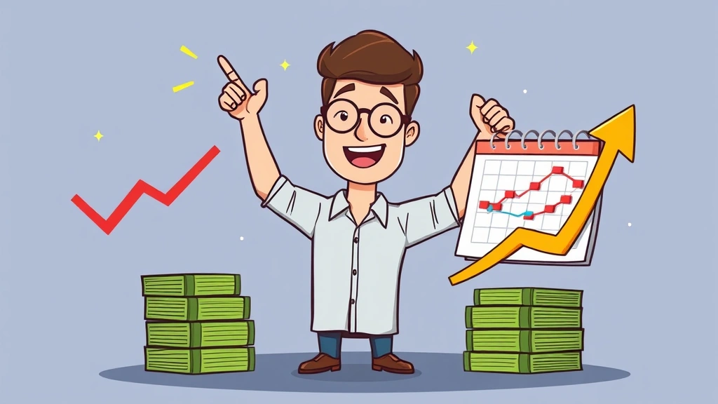 Cartoon freelancer celebrating with upward trending arrow graph, stacks of money, calendar showing recurring client meetings, successful growth visualization