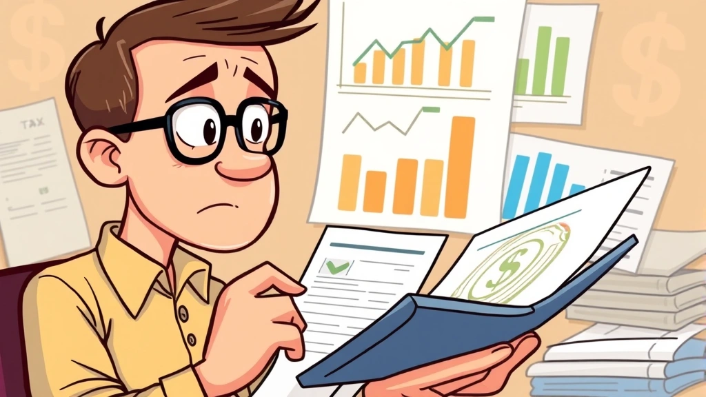 Cartoon illustration of a person analyzing financial charts and tax documents with a calculator and business plan. Dollar signs, graphs, and organized paperwork visible. Focused, determined expression.