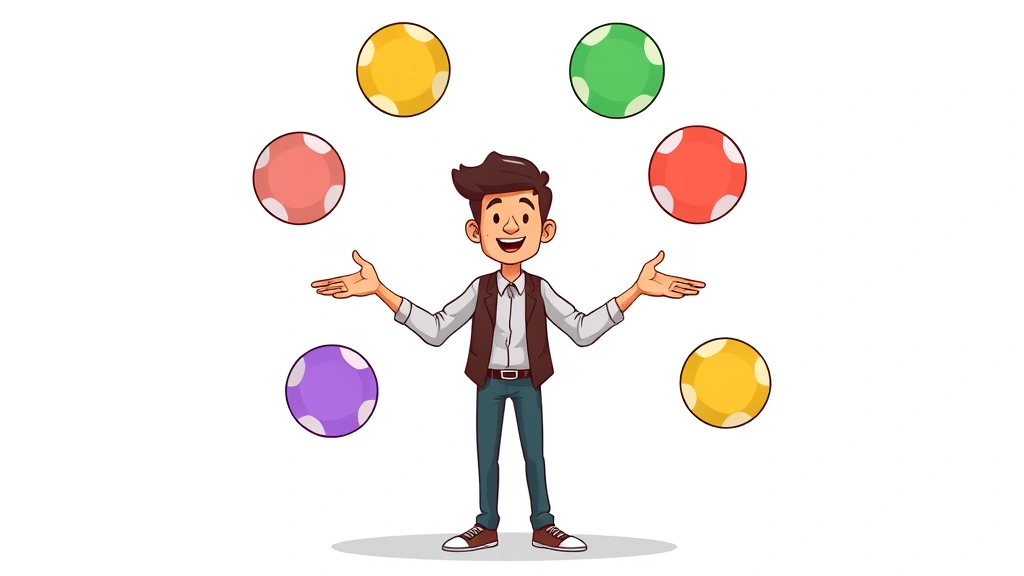Cartoon illustration of freelancer juggling multiple colored project balls while standing confidently - representing managing multiple 1099 contracts simultaneously with organization tools visible