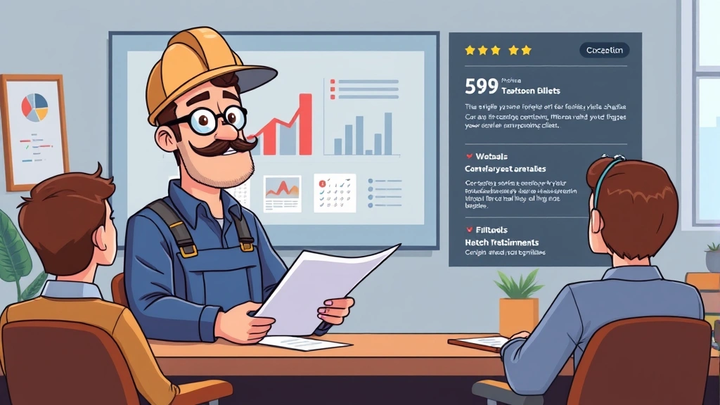 Cartoon contractor confidently presenting portfolio and case studies to interested clients in virtual meeting, with growth charts and positive testimonials visible in background