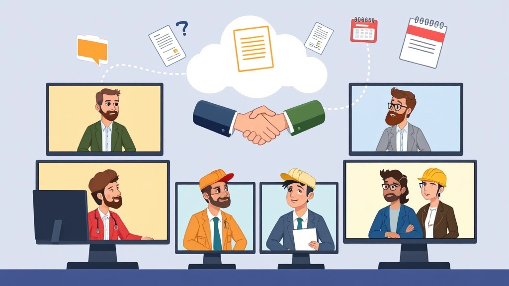 Cartoon diverse contractors in a virtual meeting on screens, exchanging handshakes through cloud, with contract documents and calendar icons floating around, depicting networking and client relationships