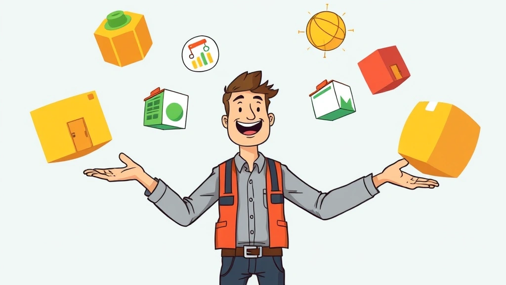 Cartoon illustration of a contractor juggling multiple client projects represented as colorful balls or blocks. Showing multitasking, variety, and dynamic work life. Positive, energetic style.