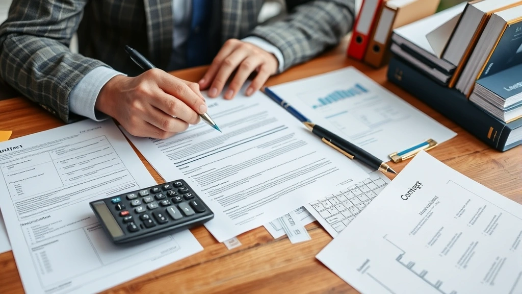 Contractor reviewing contract documents with calculator and pen, surrounded by business files, legal papers, and professional planning materials on desk