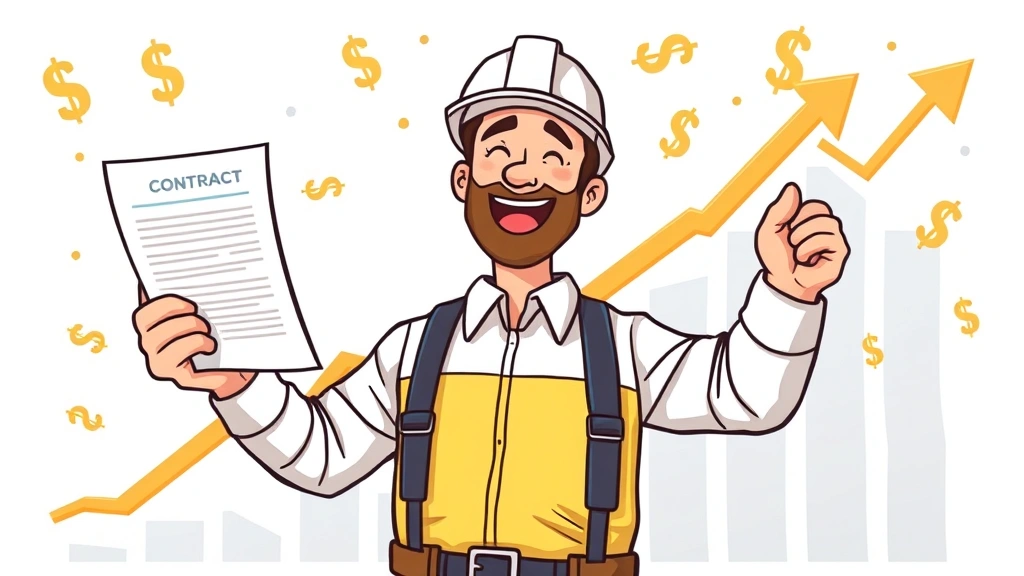 Contractor celebrating success while holding contract documents and payment notification, dollar signs and growth charts floating around, upward trending graph in background, cheerful cartoon illustration