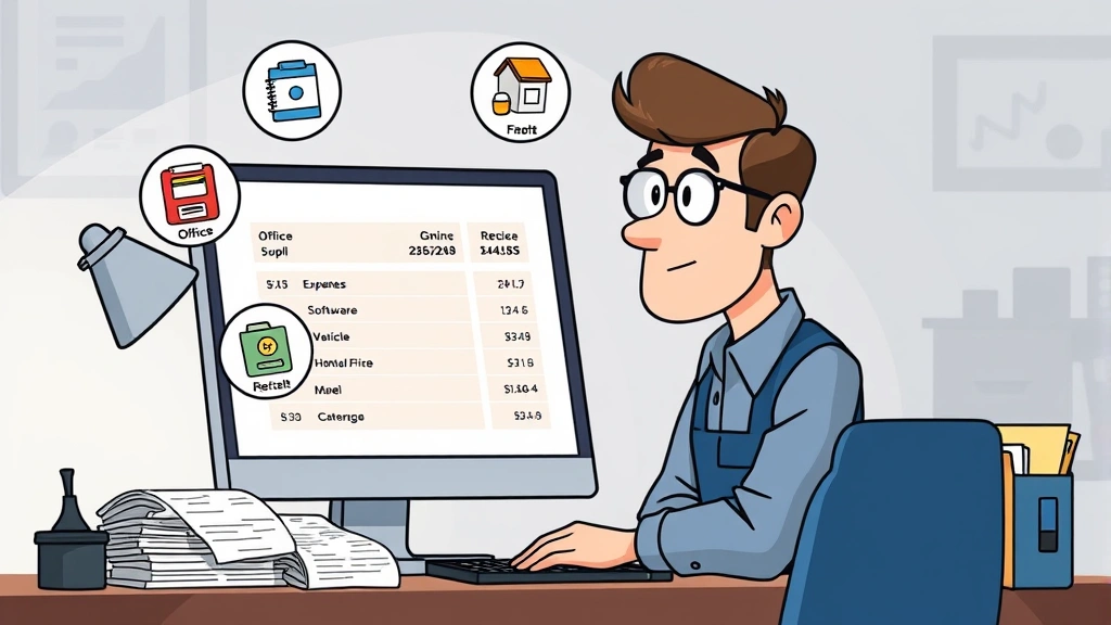 Cartoon illustration of contractor reviewing business expenses on computer screen with categorized expense icons floating around (office supplies, software, vehicle, home office), with organized receipt folders nearby
