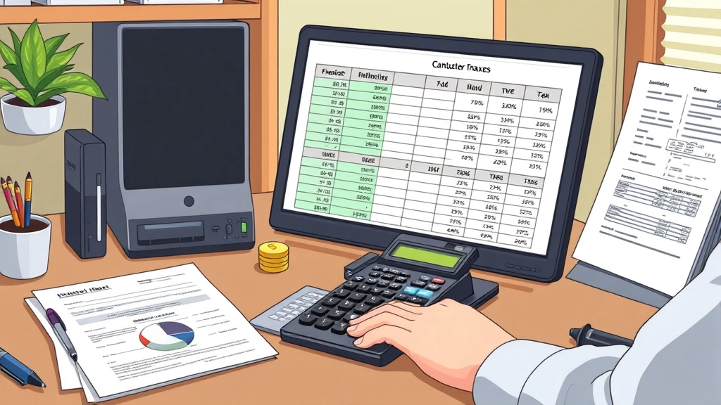 Contractor calculating finances and taxes, spreadsheet on computer, calculator, tax documents, organized desk setup, professional cartoon style