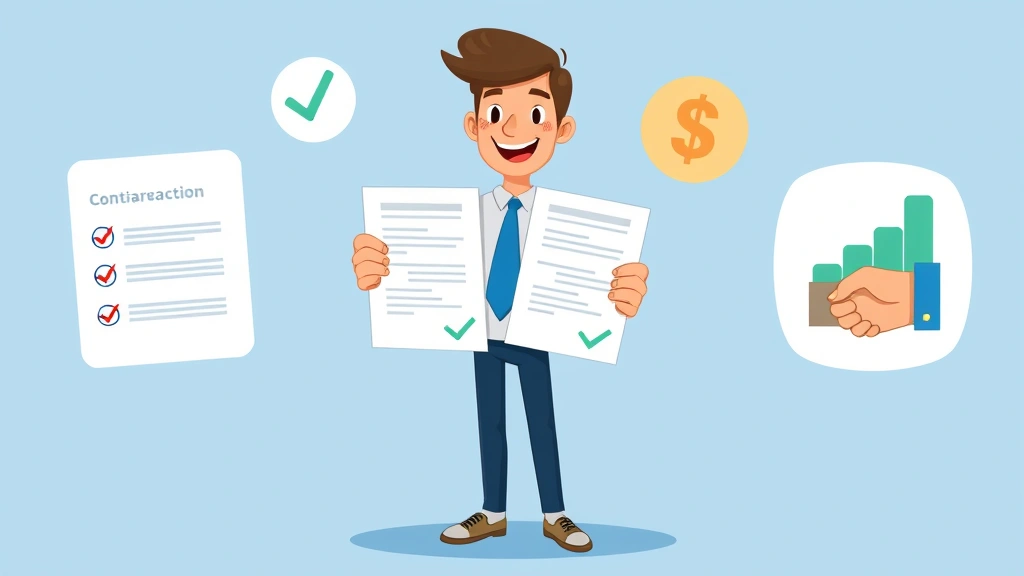 Cartoon freelancer confidently presenting contract documents with checkmarks, growth chart, and handshake symbols showing successful 1099 business growth