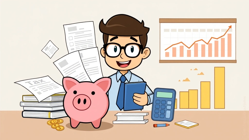 Cartoon professional character organizing finances with piggy bank, tax documents, calculator, and growth charts, representing financial planning, tax management, and sustainable business building for contractors