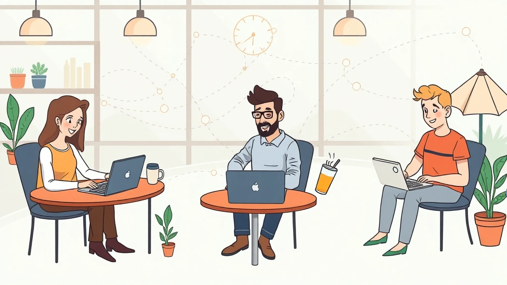 Cartoon diverse group of contractors and freelancers working on laptops in different locations simultaneously - coffee shop, home office, outdoor space - connected by digital network lines, representing 1099 work flexibility and remote opportunities