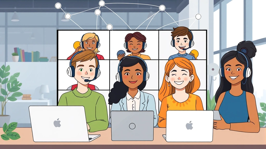 Cartoon diverse group of remote workers on video call, smiling with laptops and headphones, network of connection lines between them, modern office setup