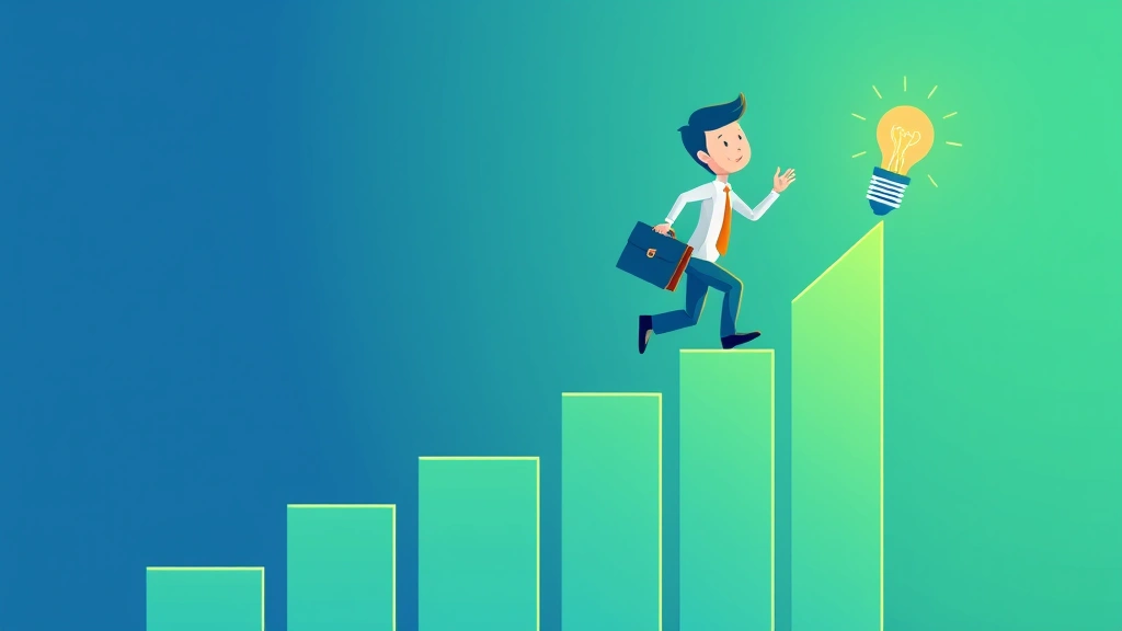 Cartoon figure climbing upward on ascending bar chart with briefcase, light bulbs and growth symbols, blue and green tones, professional development theme