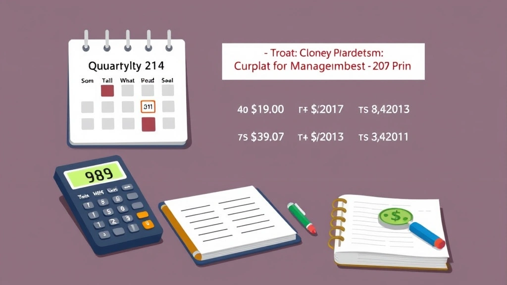 A calendar showing quarterly tax deadlines and payment dates with a calculator, notebook, and money symbols, representing 1099 contractor financial planning, cartoon business illustration