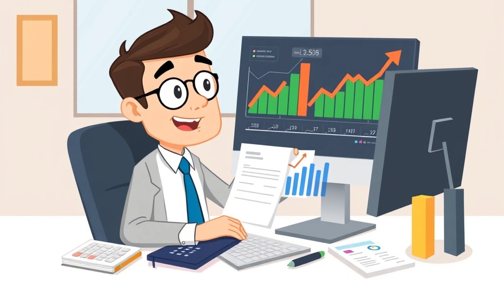 Cartoon entrepreneur analyzing financial charts and growth graphs on computer screen, calculator and invoices nearby, upward trending arrow, professional attire