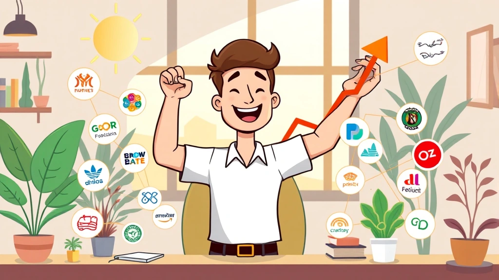 Cartoon freelancer celebrating with rising income chart, diverse client logos around them, networking connections shown as glowing lines, sunny office environment with plants