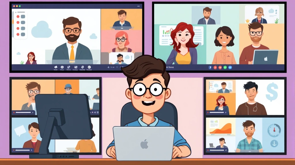 Cartoon freelancer video conferencing with diverse clients on split screens, showing multiple income sources and flexible work arrangements of independent contractor positions