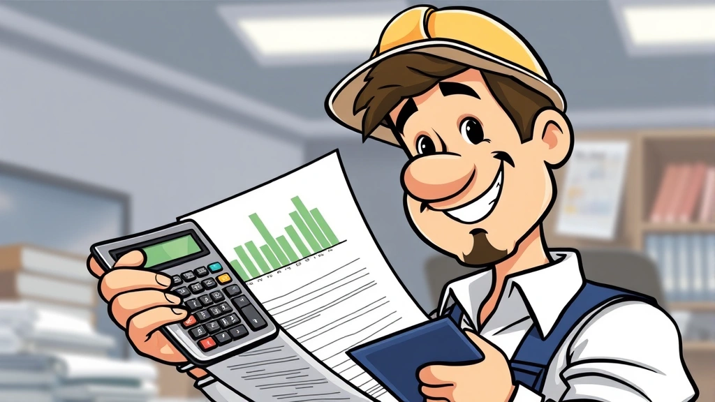Cartoon contractor reviewing financial documents, calculator, and tax forms with confident expression, representing business management and financial planning