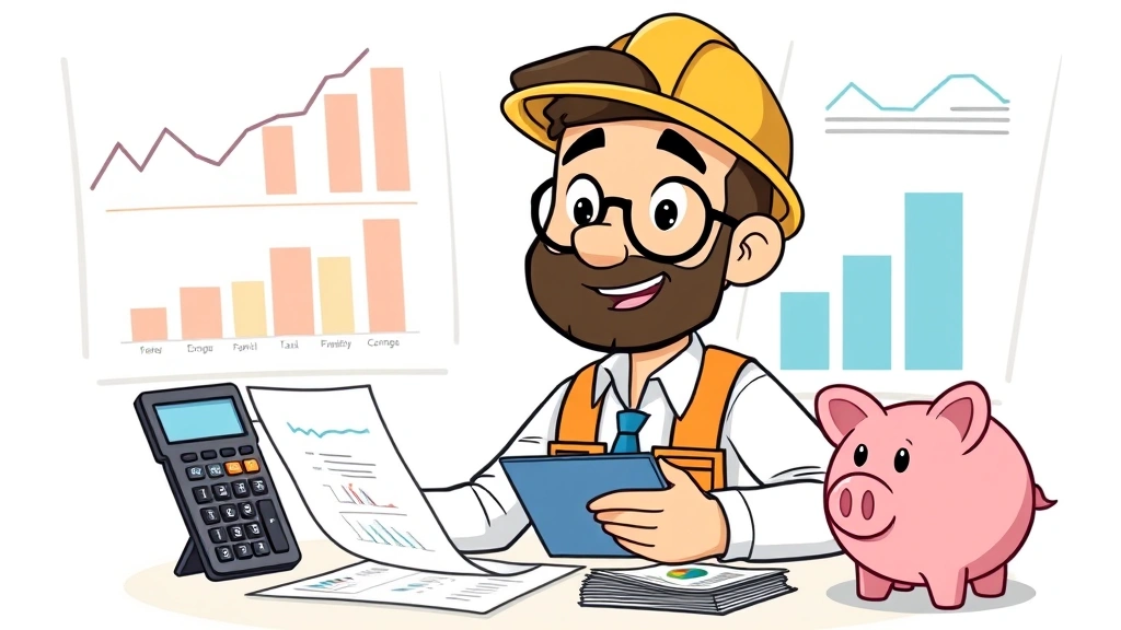 Cartoon contractor analyzing financial charts and tax documents with calculator and piggy bank, illustrating financial management and tax planning for self-employed professionals