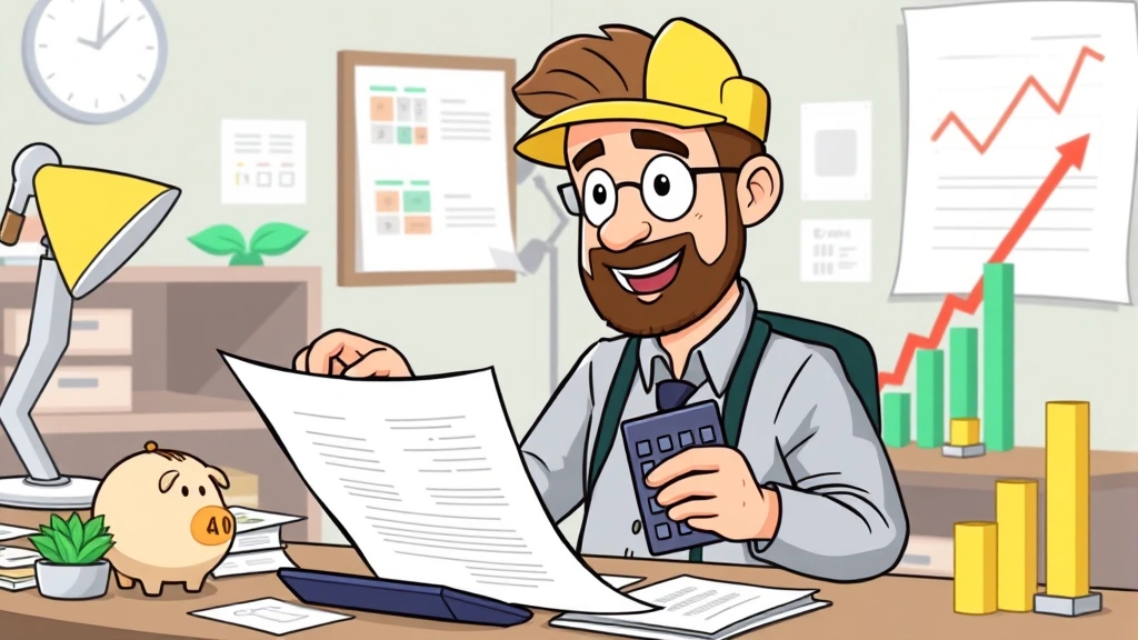 Cartoon contractor reviewing financial documents and tax forms with calculator, piggy bank, and growth chart nearby, professional appearance, organized workspace, representing financial planning and business management